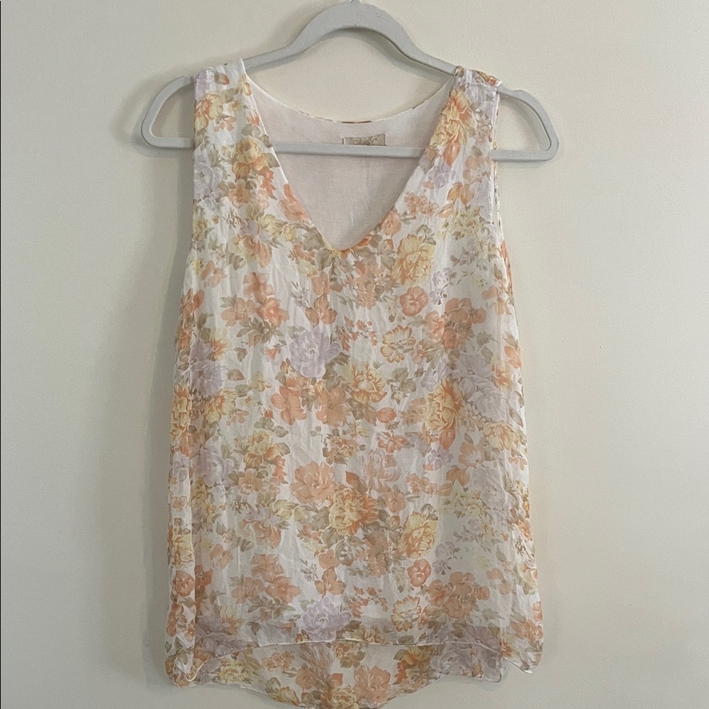 Giusy Floral Silk Tank Top Blouse Orange Yellow Rose S Feminine Romantic